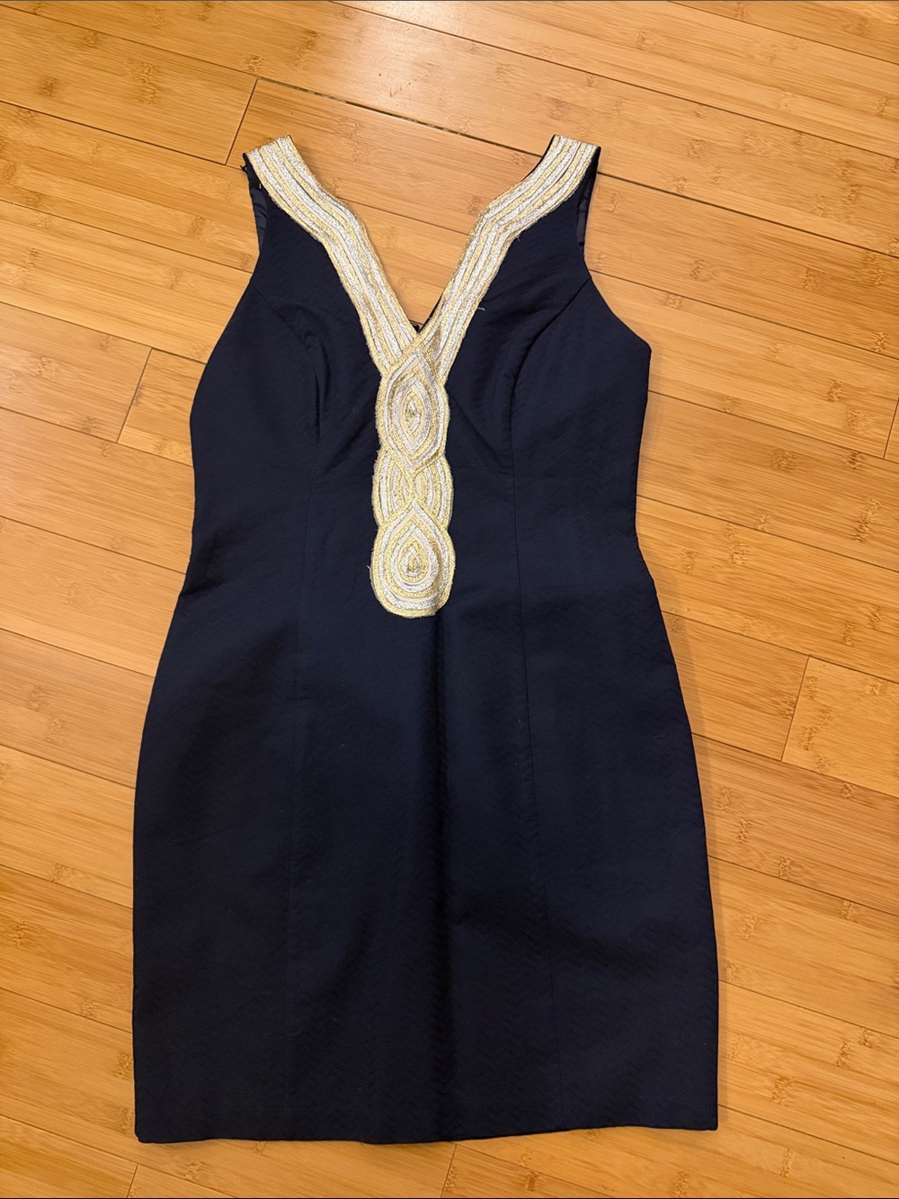 Taylor Navy Mini Dress with Gold Beaded V-Trim